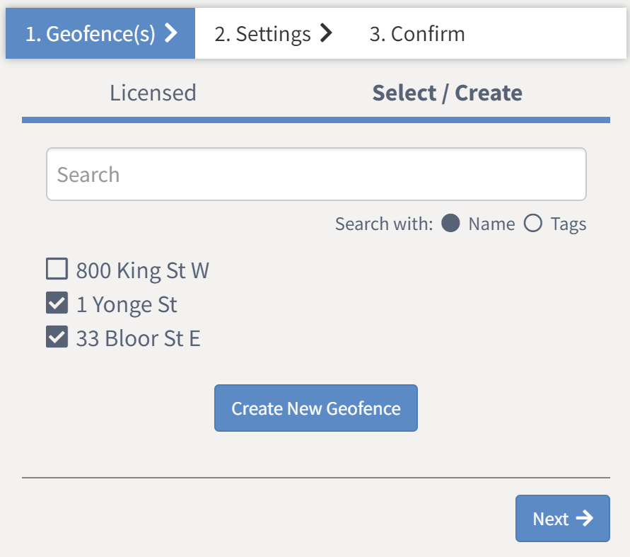 List of previously created geofences