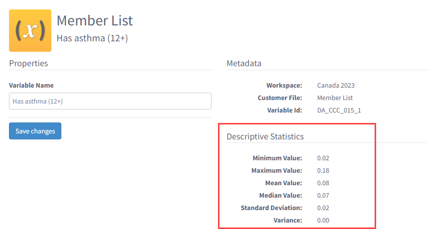 Screenshot of descriptive statistics in ENVISION