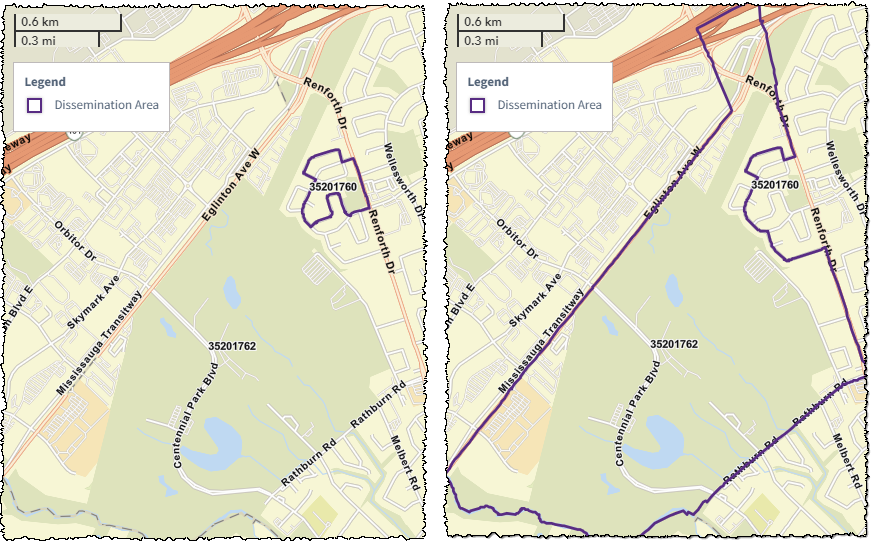 Two dissemination areas mapped to show how they differ in size