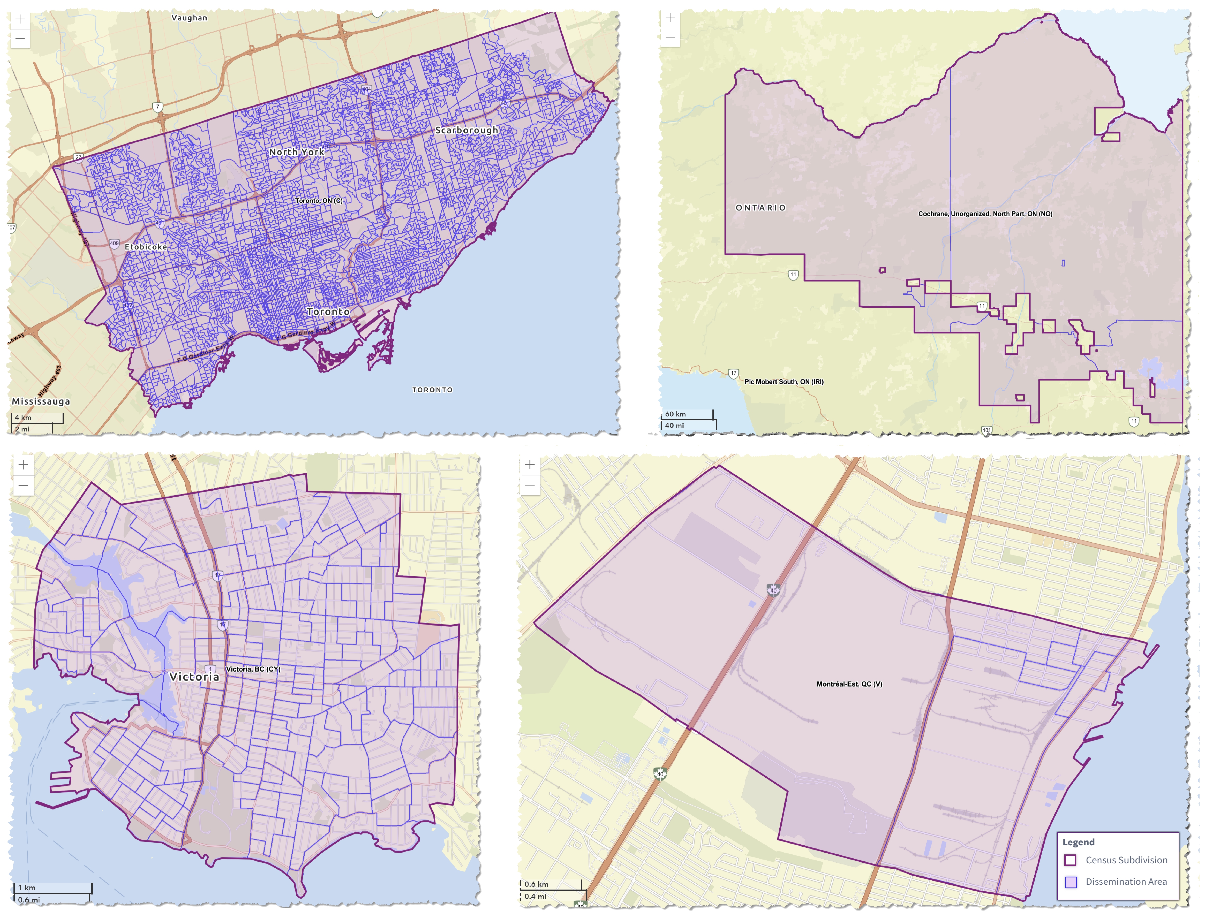 Maps showing dissemination areas nested within census subdivisions