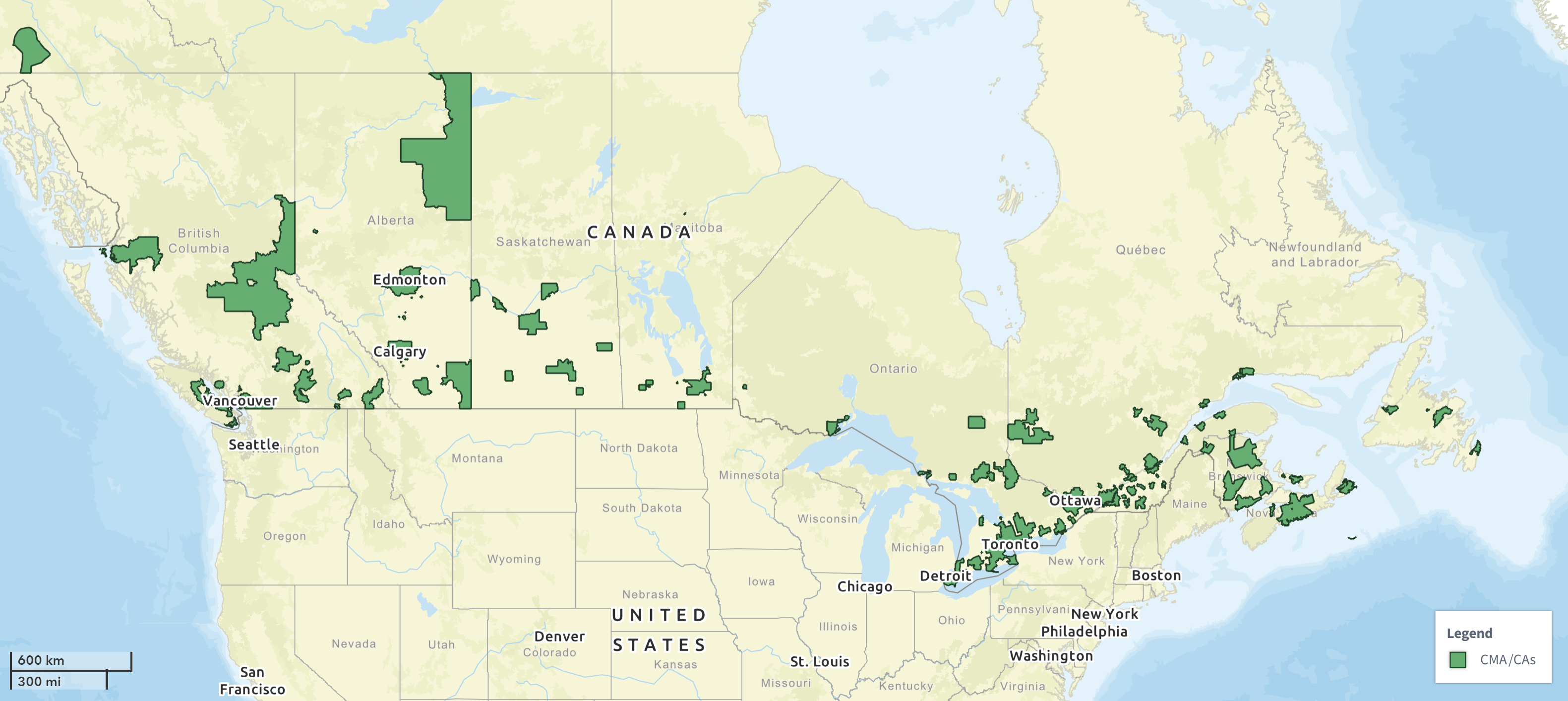 Map of Canada highlighting Census Metropolitan Areas