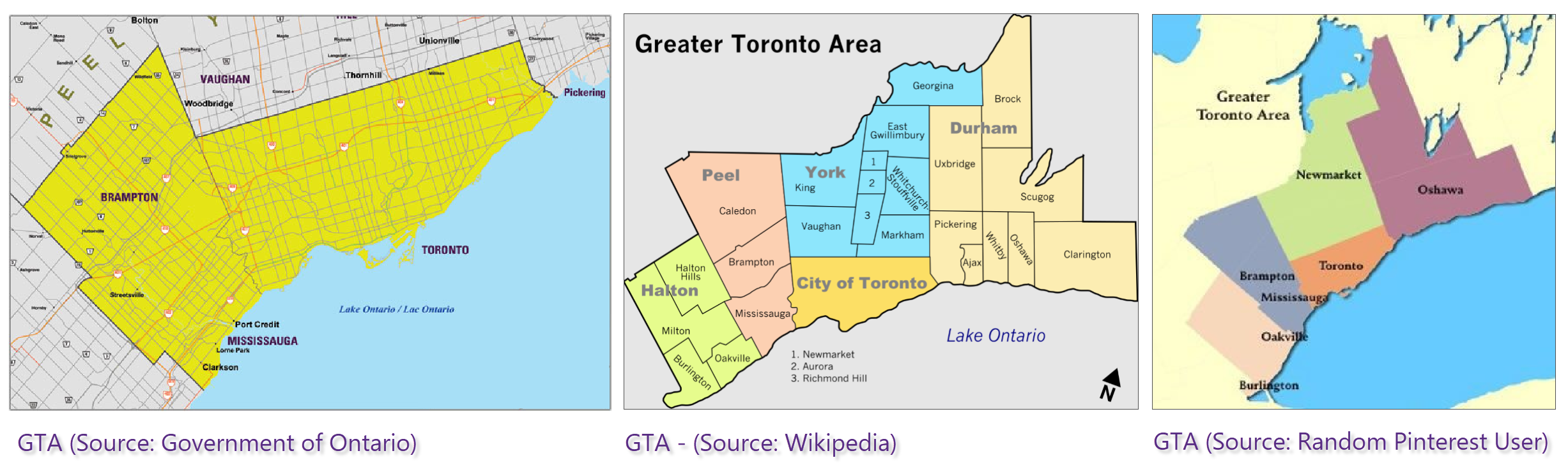Three maps showing different versions of the greater Toronto area