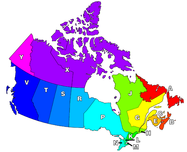 Map of Canada with Postal code letters over corresponding provinces