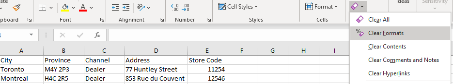 Clear formats in Excel