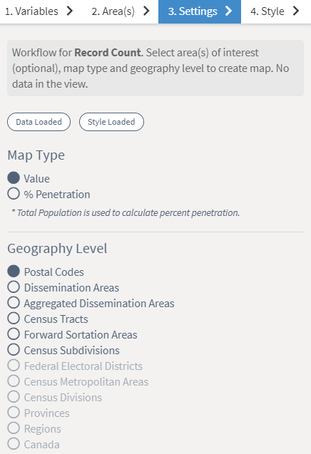 Select map type and geography level