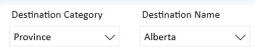 Screenshot of Destination Category and Destination Name