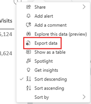 Screenshot of export data option from the dropdown menu.