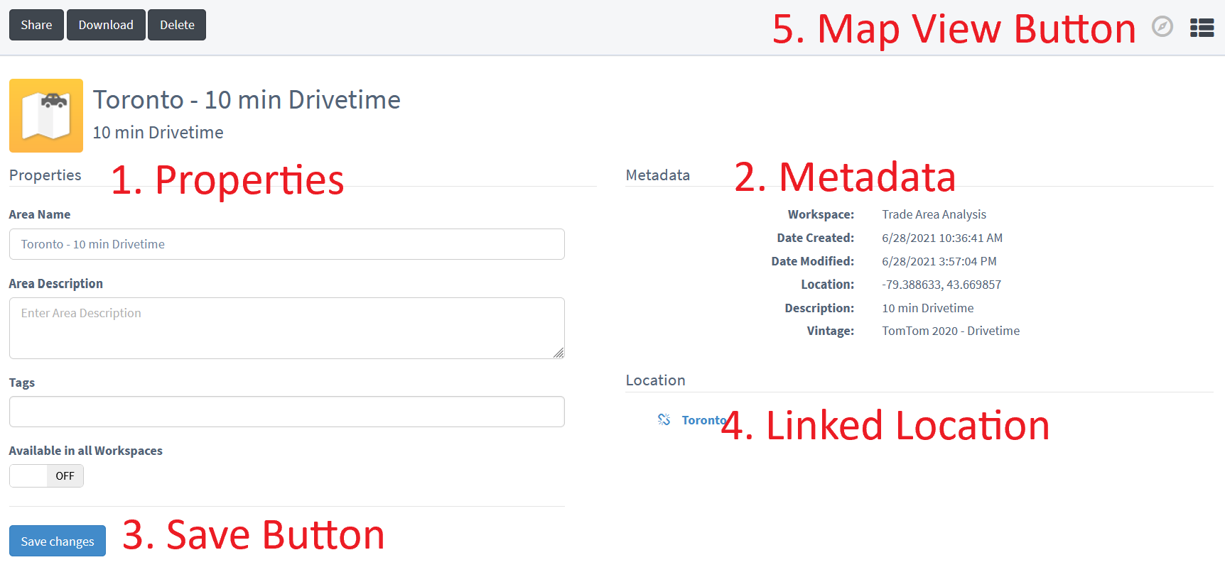 Properties view highlighting properties, metadata, save button, linked location, and map view button