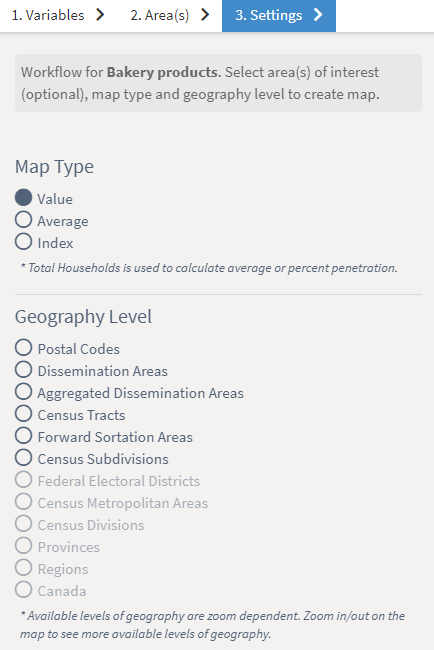 Map type and geography level settings