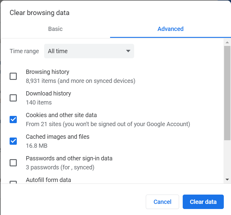 Clear browsing data in Google Chrome