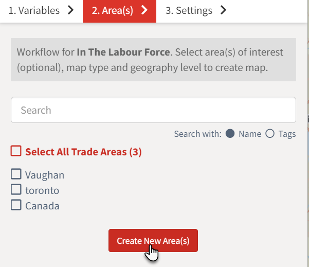 Click create new areas in trade area selection menu